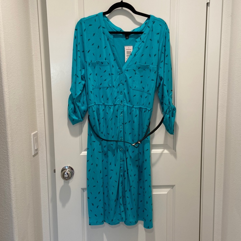 Teal & Black Feather Shirt Dress